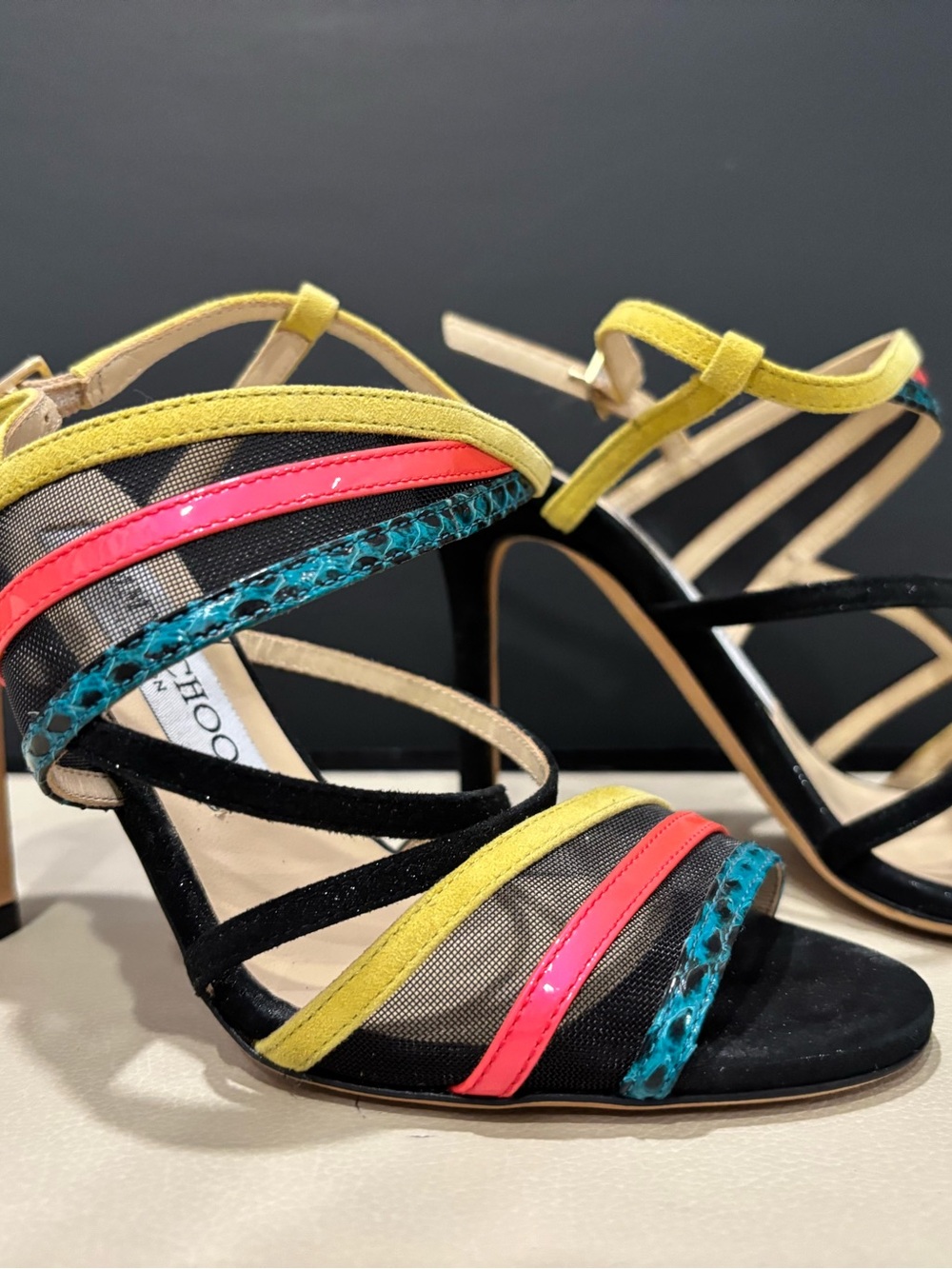 Jimmy Choo Heels Black Strappy, Size 5, Wedding Cocktail Colorful Evening Party - Picture 2 of 7